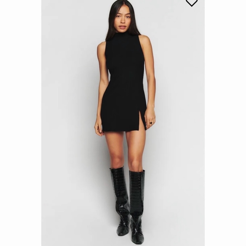 Sleeveless Mock Neck Black Mini Dress with Side Slit